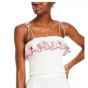 LoveShackFancy White Smocked Camisole with Red Embroidered Ruffle